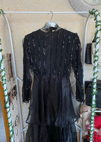 Drapeli Siyah Uzun Kollu Gotik Gece Elbisesi - Görsel 6