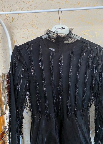 Drapeli Siyah Uzun Kollu Gotik Gece Elbisesi - Görsel 3