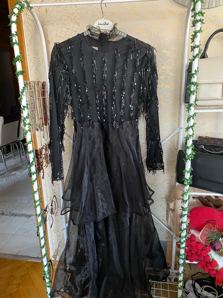 Drapeli Siyah Uzun Kollu Gotik Gece Elbisesi - Görsel 2