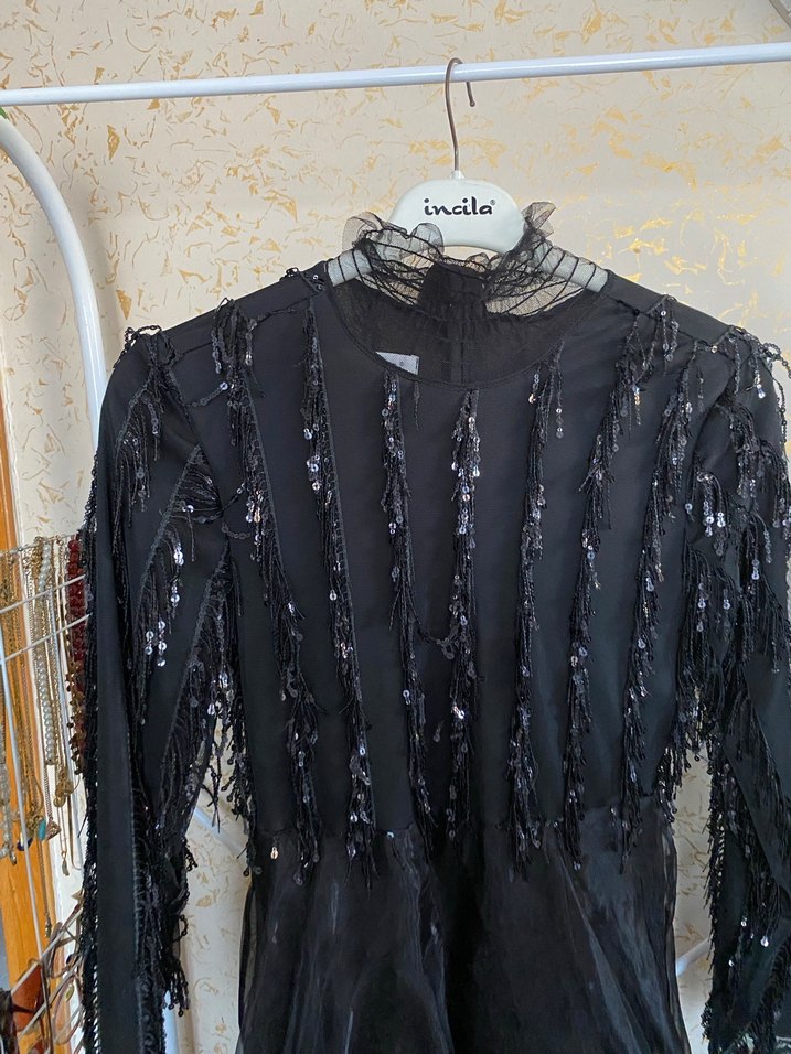 Drapeli Siyah Uzun Kollu Gotik Gece Elbisesi - Görsel 3