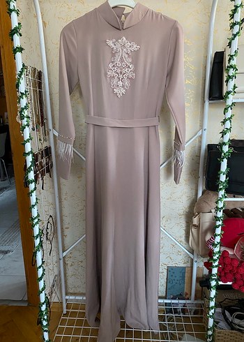 Nakış Detaylı pudra Uzun Abiye Elbise - Görsel 2
