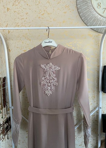 Nakış Detaylı pudra Uzun Abiye Elbise - Görsel 3