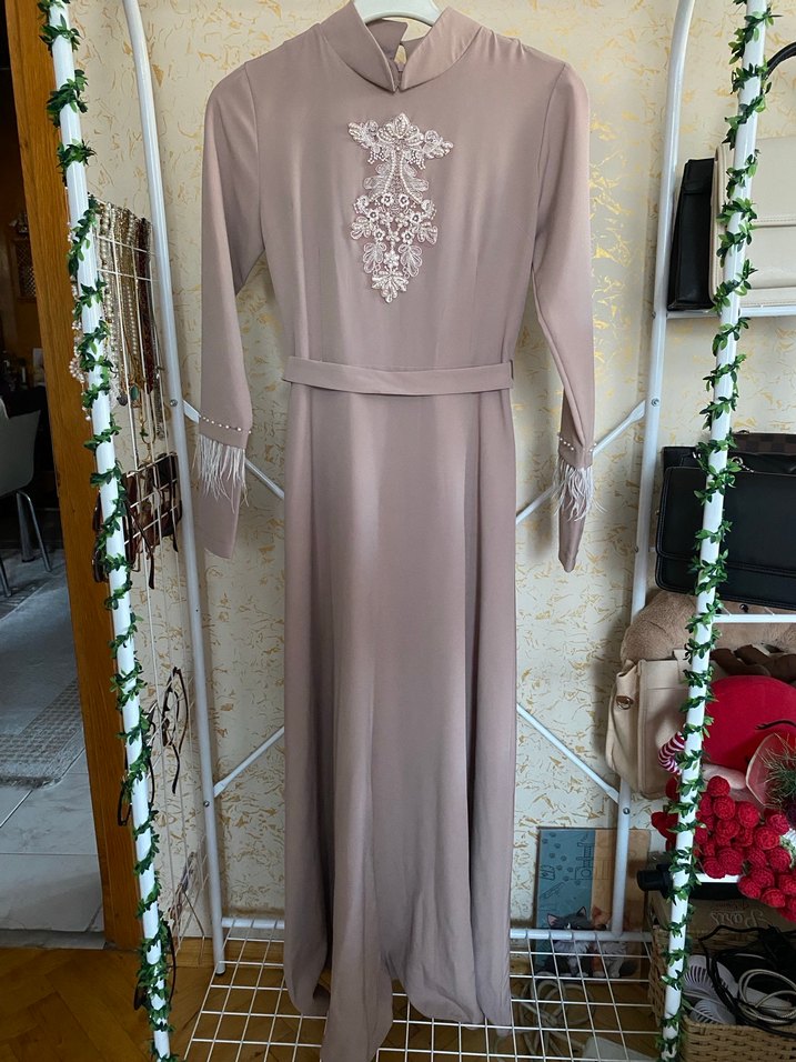 Nakış Detaylı pudra Uzun Abiye Elbise - Görsel 2