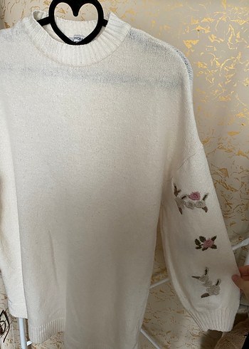 Nakışlı Beyaz Bohem Örgü Kadın Kazak - Görsel 4