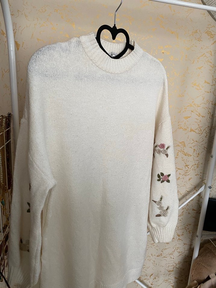 Nakışlı Beyaz Bohem Örgü Kadın Kazak - Görsel 3