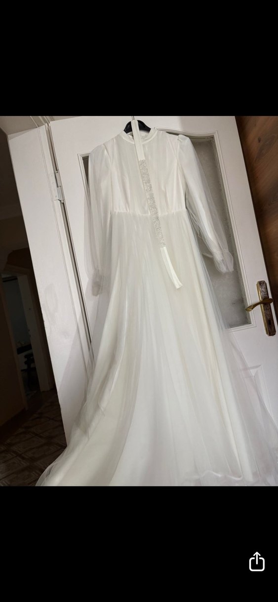 Uzun Kollu Beyaz nikah elbisesi - Görsel 5