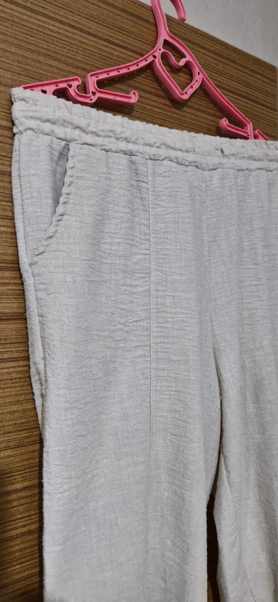 Gri Keten Piliseli Rahat Kesim Kadın Pantolon - Görsel 2