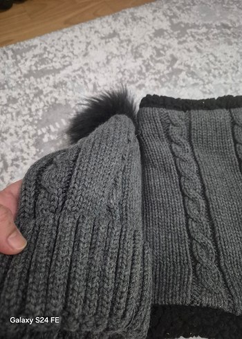 Gri Örgü Kadın Bere ve Boyunluk Seti - Görsel 3