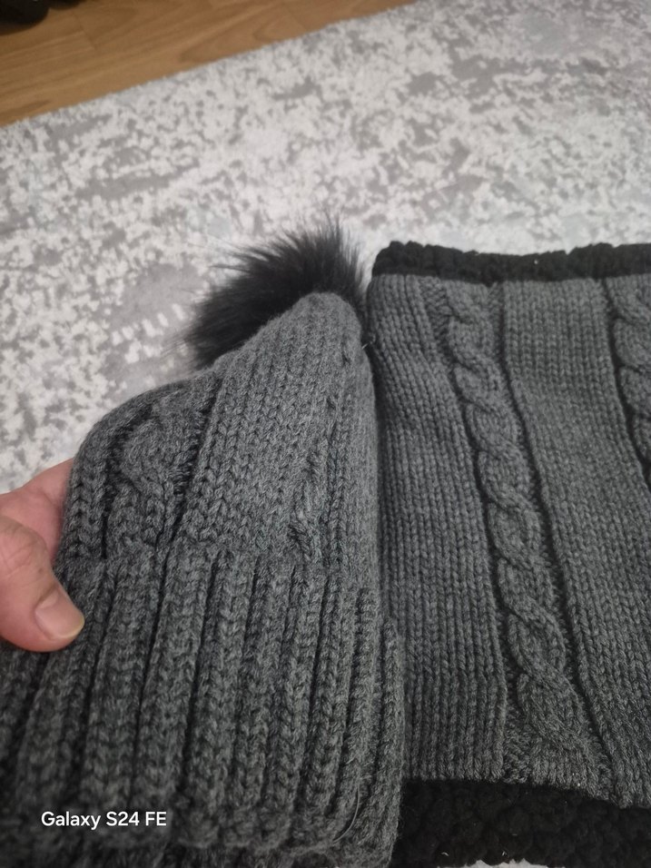 Gri Örgü Kadın Bere ve Boyunluk Seti - Görsel 3