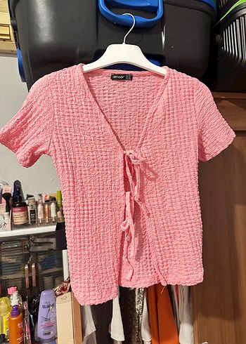 Pembe Kısa Kollu Triko V Yaka Mini Bluz
