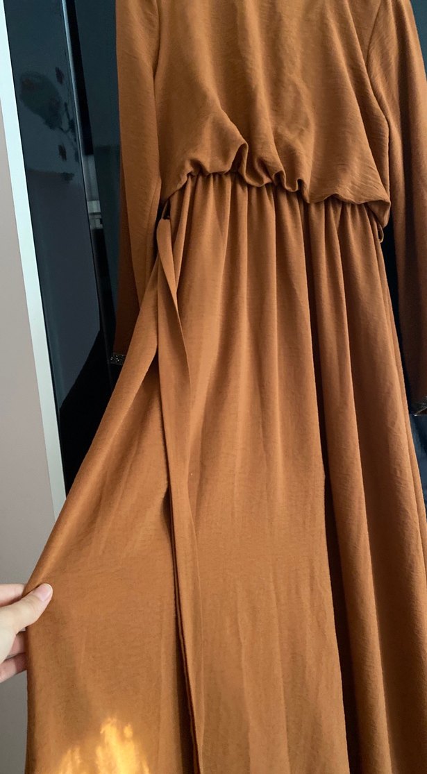 Kahverengi Uzun Kollu Salaş Elbise - Görsel 3