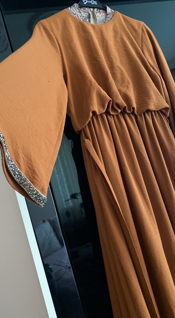 Kahverengi Uzun Kollu Salaş Elbise - Görsel 4