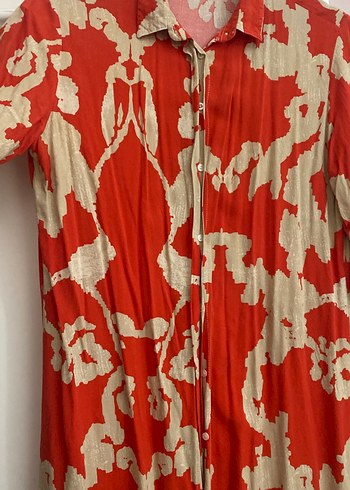 Kırmızı Gri Batik Desenli Uzun Keten Gömlek - Görsel 3