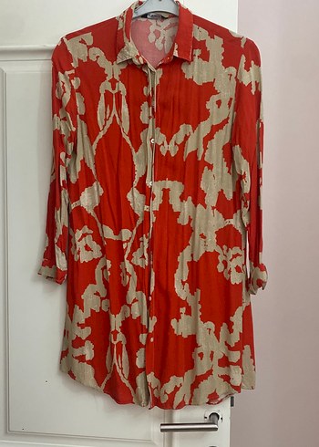 Kırmızı Gri Batik Desenli Uzun Keten Gömlek - Görsel 4