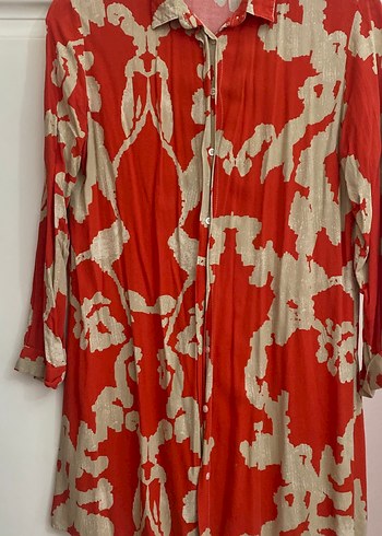 Kırmızı Gri Batik Desenli Uzun Keten Gömlek - Görsel 2