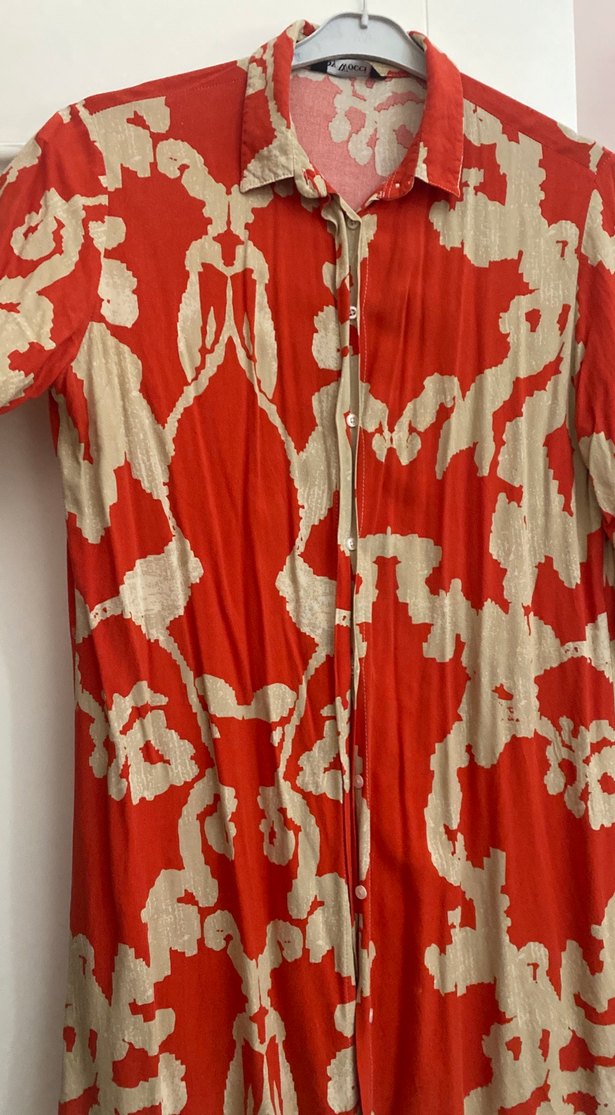 Kırmızı Gri Batik Desenli Uzun Keten Gömlek - Görsel 3