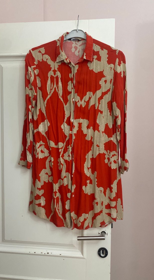 Kırmızı Gri Batik Desenli Uzun Keten Gömlek - Görsel 4