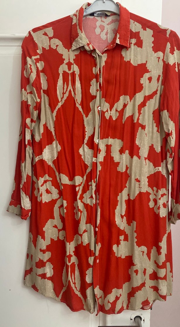 Kırmızı Gri Batik Desenli Uzun Keten Gömlek - Görsel 2