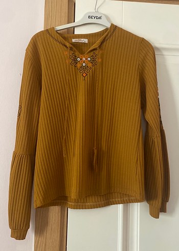 Nakışlı Kahverengi Triko Kadın Bluz - Görsel 2