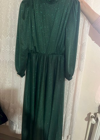 Yeşil Simli V Yaka Uzun Kollu Midi Elbise - Görsel 4