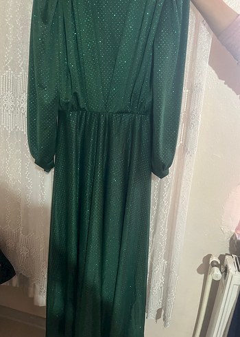 Yeşil Simli V Yaka Uzun Kollu Midi Elbise - Görsel 3