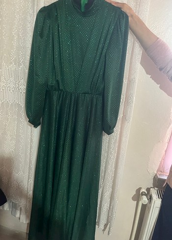 Yeşil Simli V Yaka Uzun Kollu Midi Elbise - Görsel 5