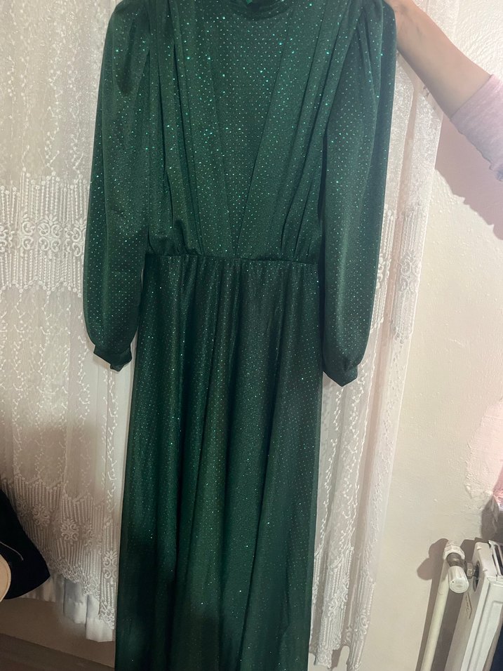 Yeşil Simli V Yaka Uzun Kollu Midi Elbise - Görsel 4