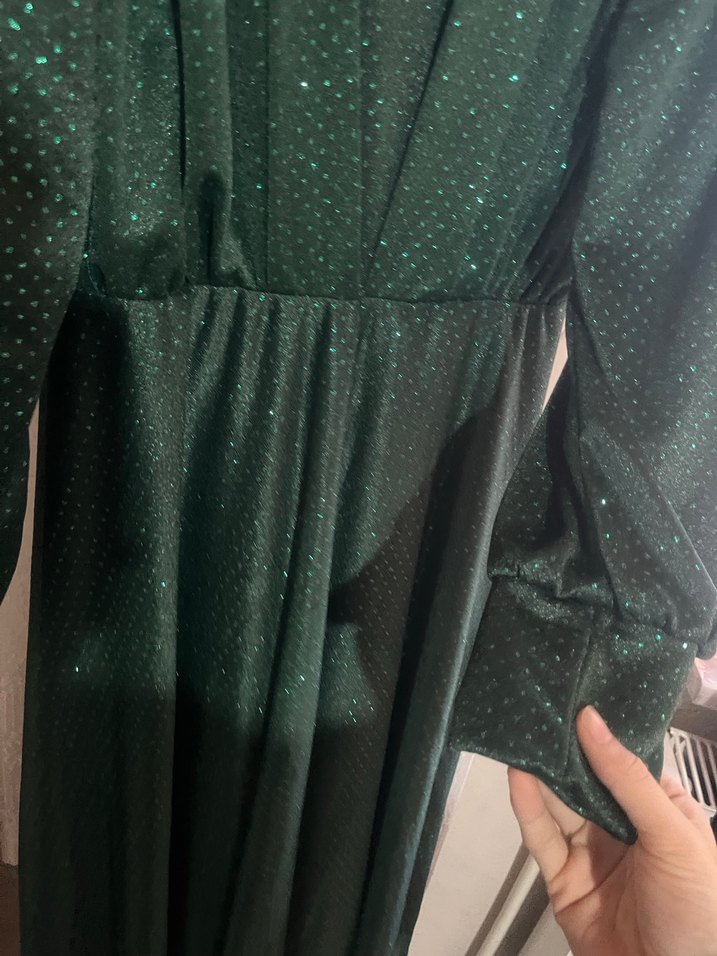 Yeşil Simli V Yaka Uzun Kollu Midi Elbise - Görsel 2