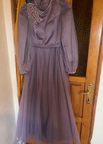 Uzun Kollu Nakışlı Mor Abiye Elbise - Görsel 6