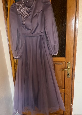 Uzun Kollu Nakışlı Mor Abiye Elbise - Görsel 5