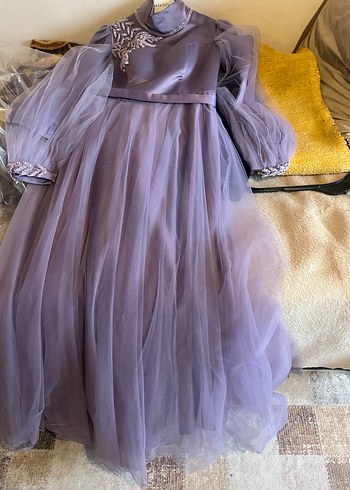 Uzun Kollu Nakışlı Mor Abiye Elbise - Görsel 4