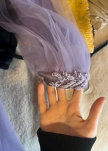 Uzun Kollu Nakışlı Mor Abiye Elbise - Görsel 2