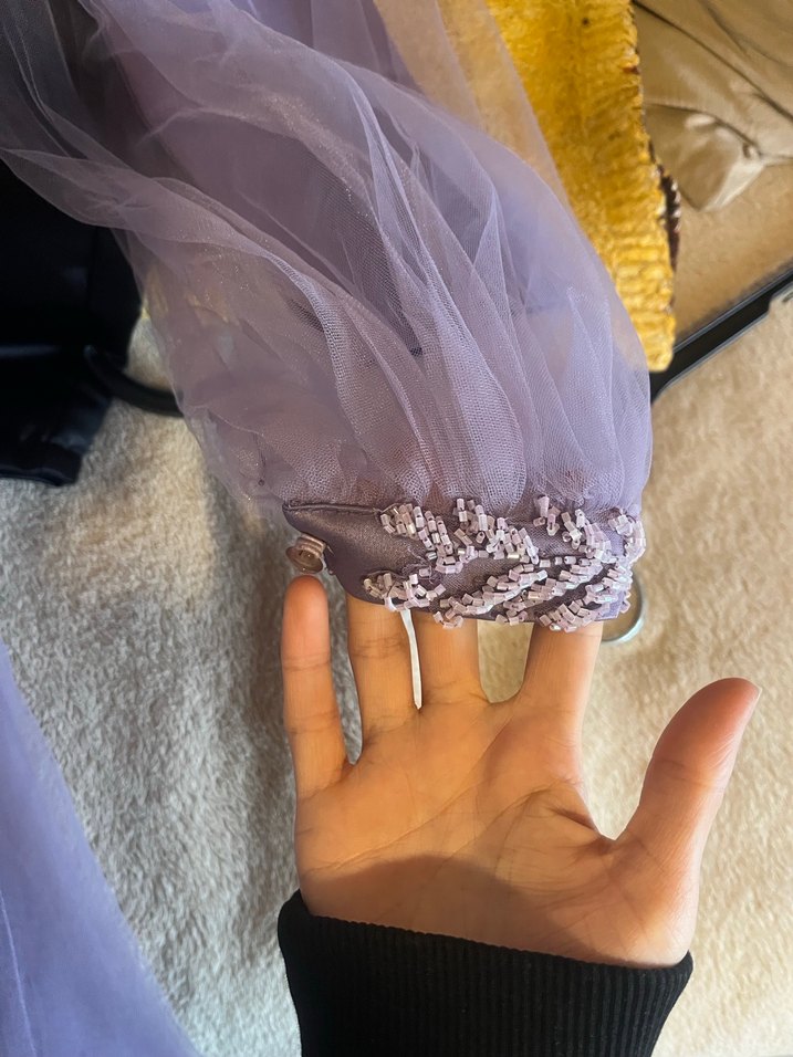 Uzun Kollu Nakışlı Mor Abiye Elbise - Görsel 2