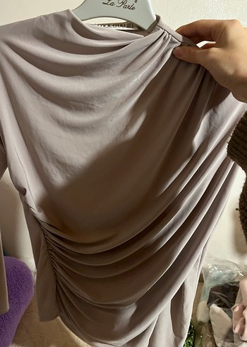 Kadın dik  yaka omuz ve bel büzgülü uzun  Kollu  Bluz - Görsel 4