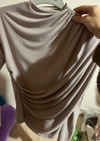 Kadın dik  yaka omuz ve bel büzgülü uzun  Kollu  Bluz - Görsel 5