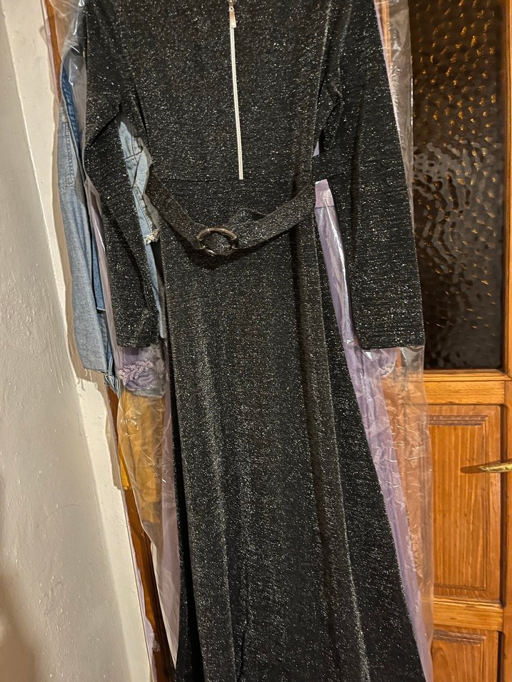 Kadın Siyah Uzun Kollu Kemerli Uzun Elbise - Görsel 5