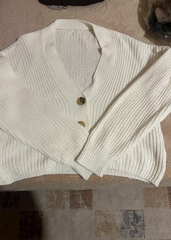 Düğmeli Beyaz Triko Kadın Hırka - Görsel 2