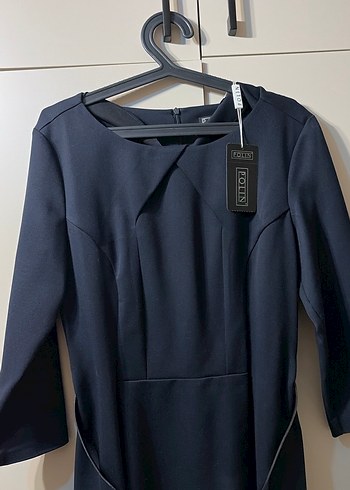 Kemerli lacivert kadın ofis elbise - Görsel 2