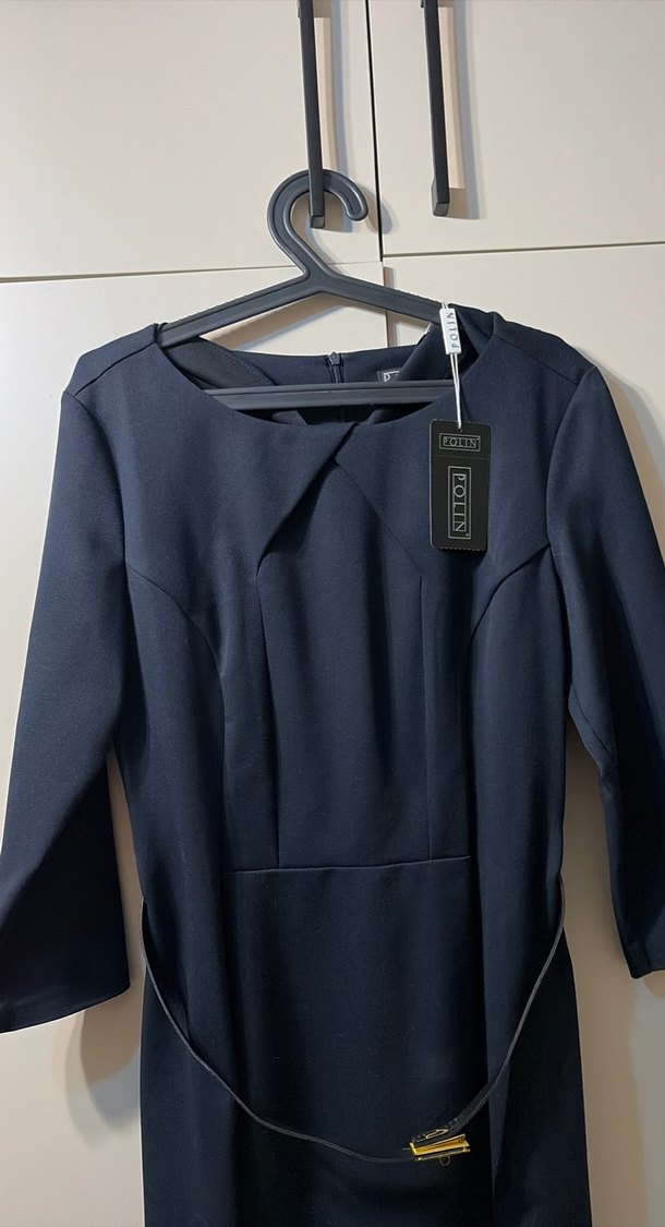 Kemerli lacivert kadın ofis elbise - Görsel 2