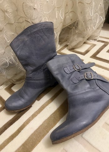 Hotiç Mavi Deri Kadın Botları Tokalı ve gizli Dolgu Topuklu - Görsel 2