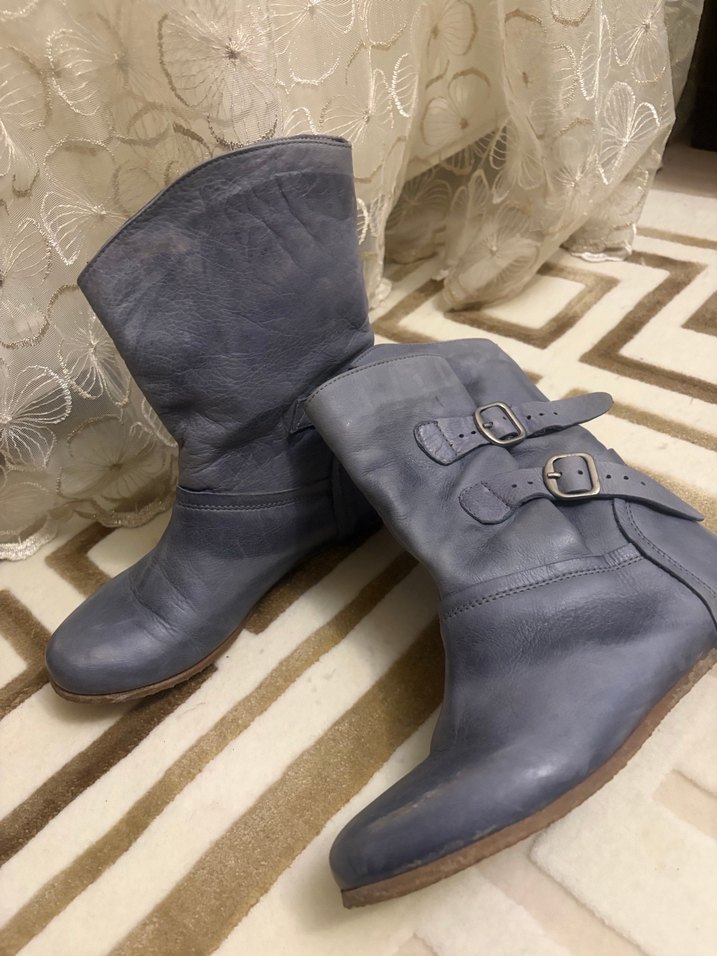 Hotiç Mavi Deri Kadın Botları Tokalı ve gizli Dolgu Topuklu - Görsel 2