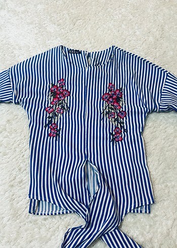 Mavi Nakışlı Uzun Kollu Kadın Gömlek - Görsel 2