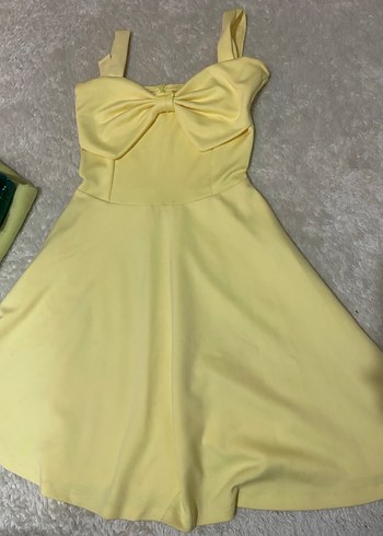 Sarı Midi Fiyonklu Kolsuz Abiye Elbise - Görsel 2