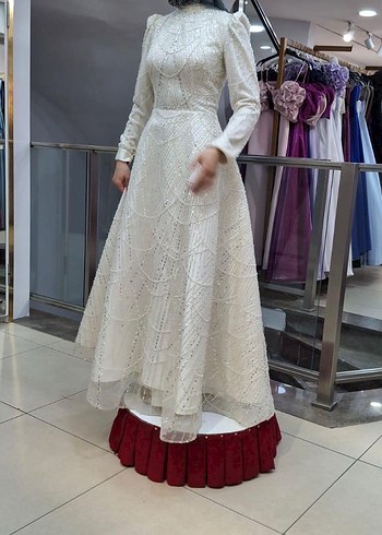 Uzun Kollu Beyaz A Kesim Nişan Elbise - Görsel 3