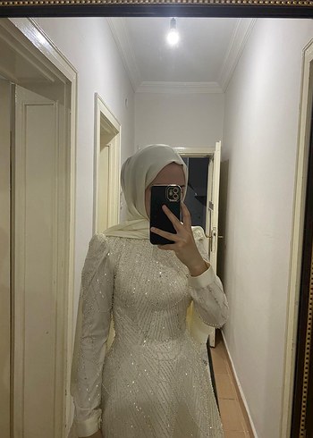 Uzun Kollu Beyaz A Kesim Nişan Elbise - Görsel 2