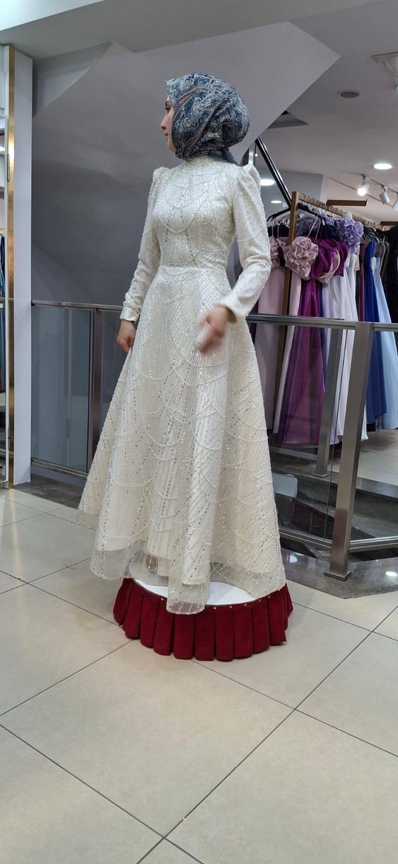 Uzun Kollu Beyaz A Kesim Nişan Elbise - Görsel 3