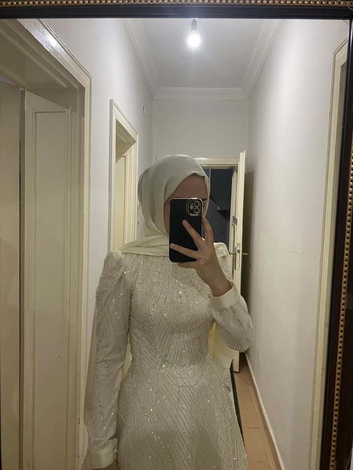 Uzun Kollu Beyaz A Kesim Nişan Elbise - Görsel 2