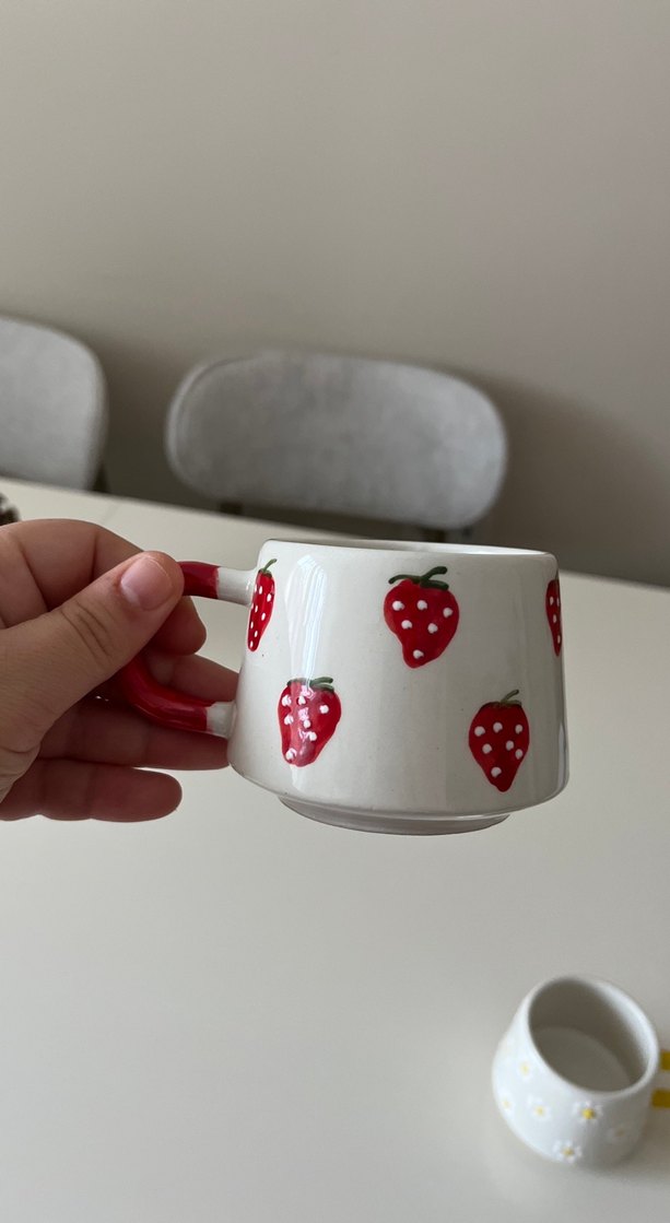 Renkli Saplı Beyaz Seramik Kupa Seti - Görsel 2