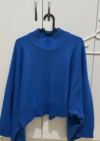 Mavi Boğazlı Salaş Örgü Kazak - Görsel 5