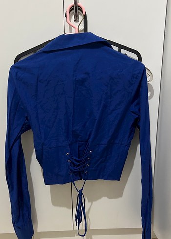 Kadın Mavi korseli crop Uzun Kollu Gömlek - Görsel 5